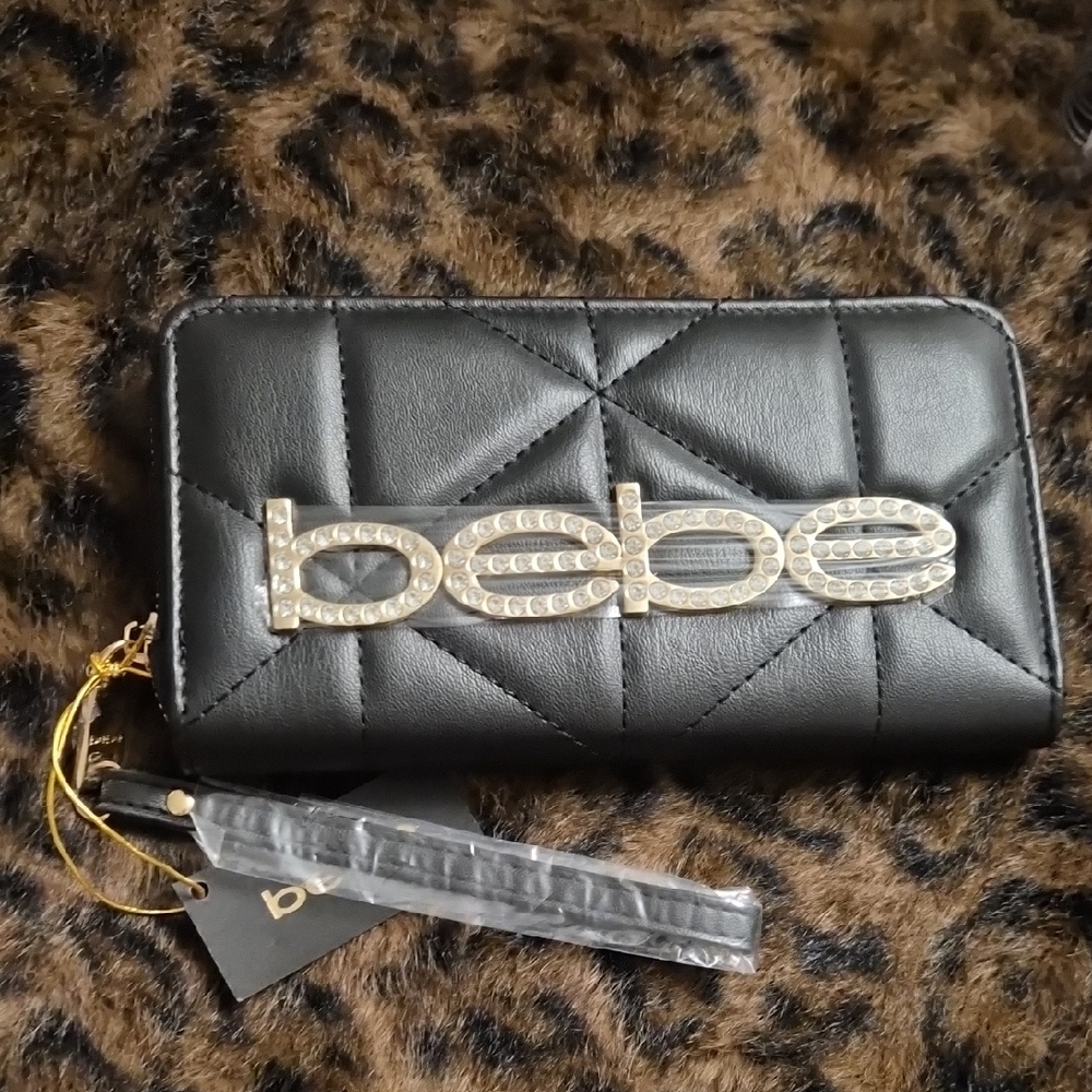 Bebe Black Quilted Wallet with Gold Logo